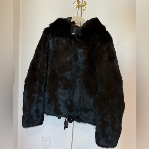 Sandro Size T2 Black Rabbit Hood Fur Coat - Picture 5 of 16